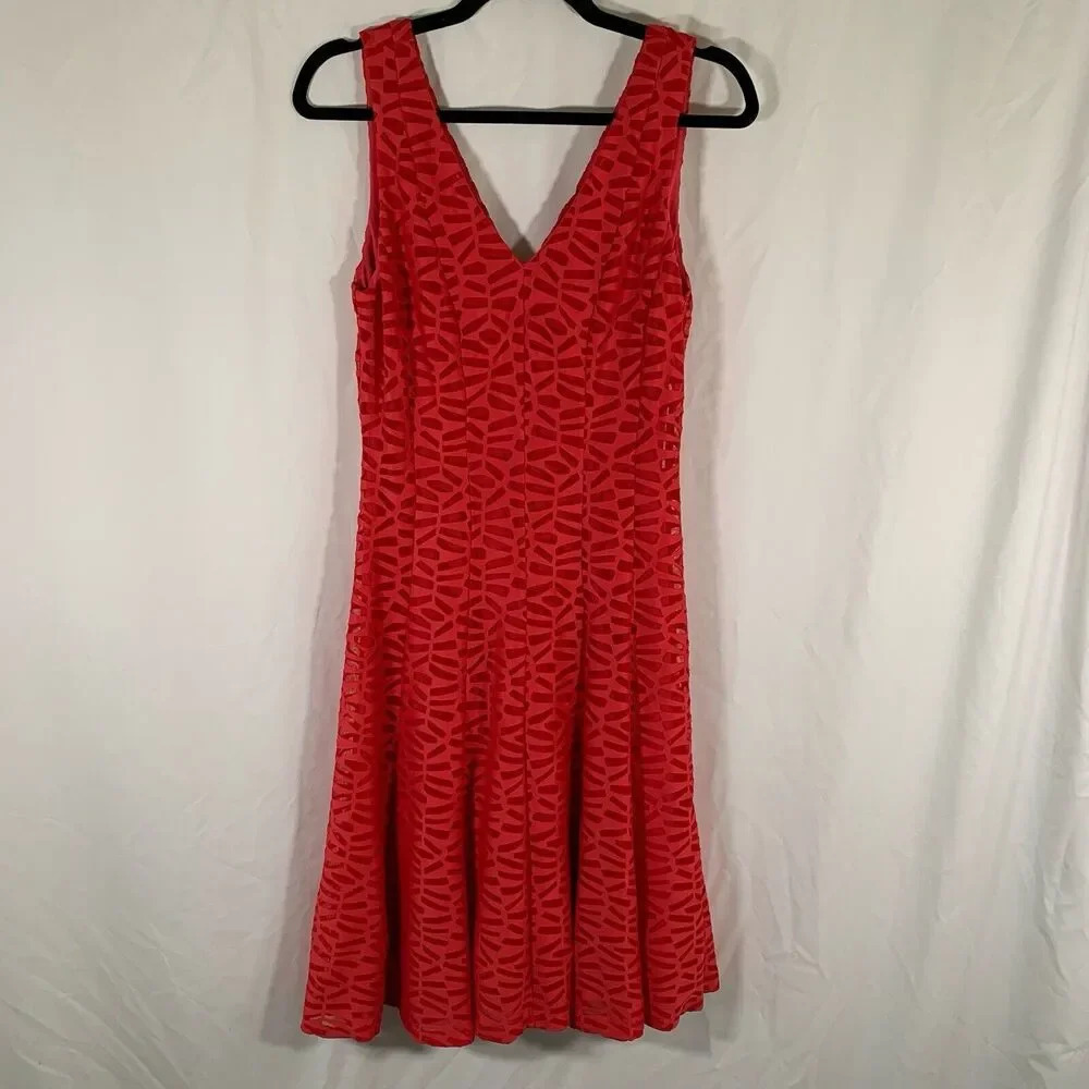 Calvin Klein Midi Dress Women's 6 Pink Red Textured Vneck Sleeveless Zip